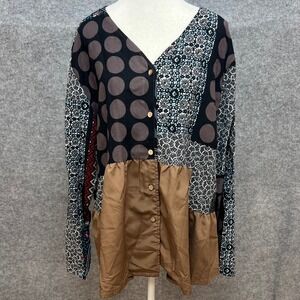 Mixed Print Patchwork Button Front Peplum Blouse Boho Handmade Look Colorful 5XL